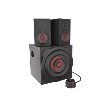 Skaļruņu komplekts GENESIS Helium 610BT 2.1, 60 W RMS, Bluetooth, vadu, sarkans/melns, kompakts zemfrekvences skaļrunis