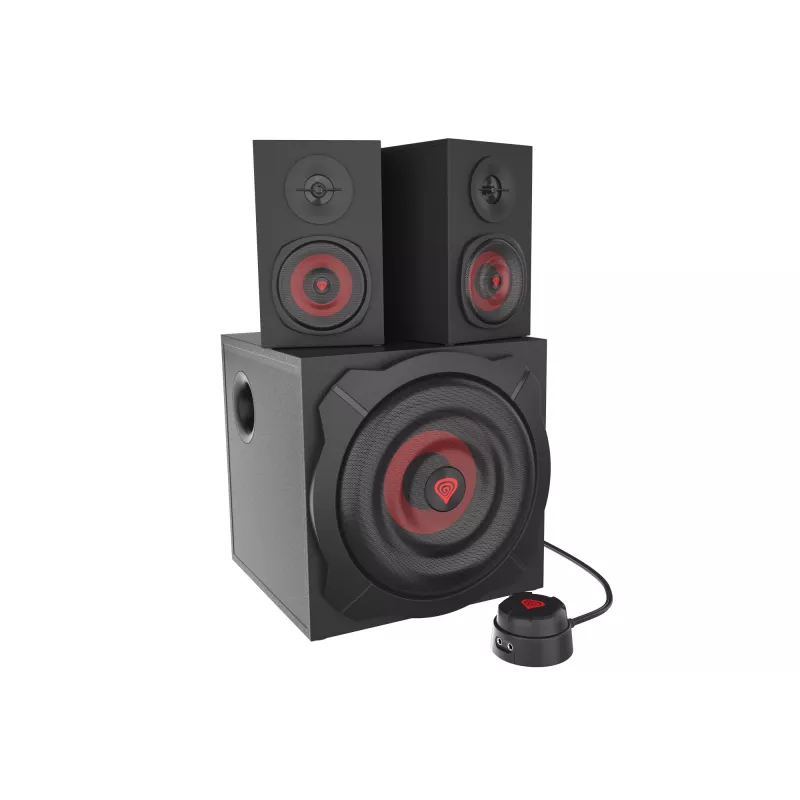 Skaļruņu komplekts GENESIS Helium 610BT 2.1, 60 W RMS, Bluetooth, vadu, sarkans/melns, kompakts zemfrekvences skaļrunis