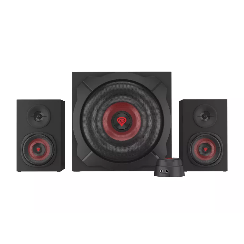 Skaļruņu komplekts GENESIS Helium 610BT 2.1, 60 W RMS, Bluetooth, vadu, sarkans/melns, kompakts zemfrekvences skaļrunis