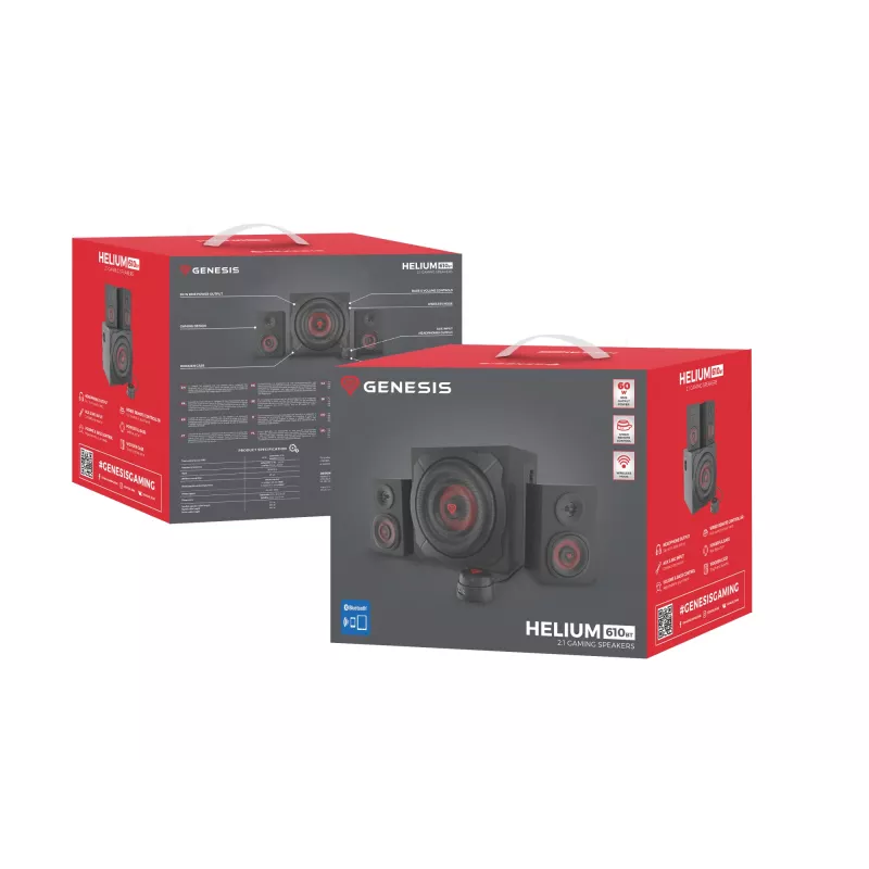 Skaļruņu komplekts GENESIS Helium 610BT 2.1, 60 W RMS, Bluetooth, vadu, sarkans/melns, kompakts zemfrekvences skaļrunis