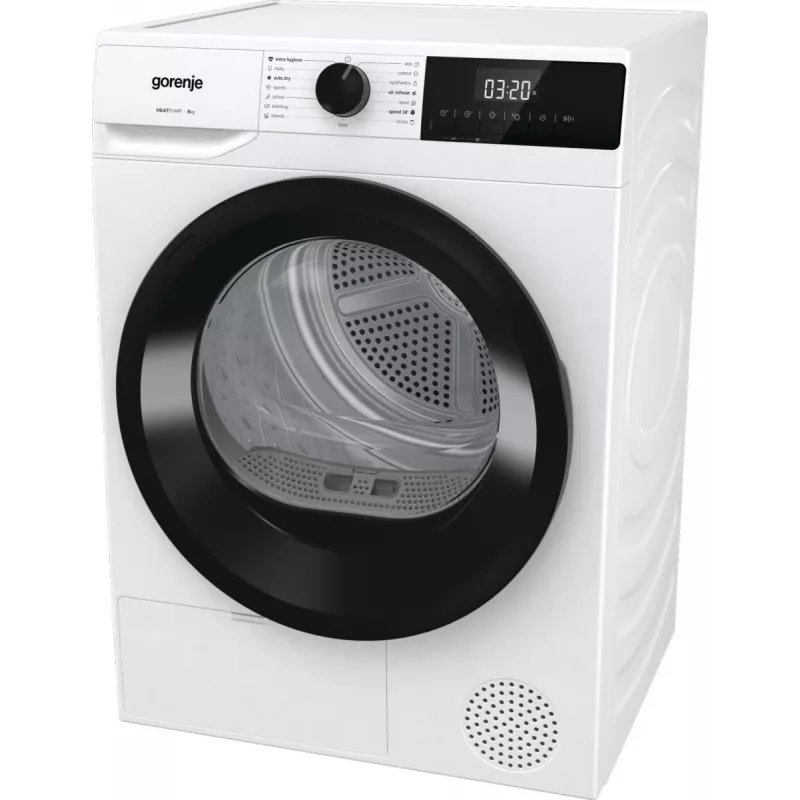 Gorenje Torktumlare DHNE82 BK040, Brīvi stāvoša, Ielādējama no priekšas, Siltumsūknis, Balta, Pogas, Rotējošs, Labais