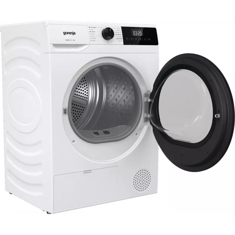 Gorenje Torktumlare DHNE82 BK040, Brīvi stāvoša, Ielādējama no priekšas, Siltumsūknis, Balta, Pogas, Rotējošs, Labais