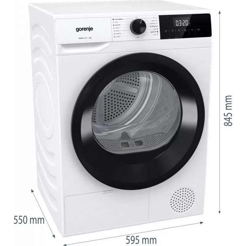 Gorenje Torktumlare DHNE82 BK040, Brīvi stāvoša, Ielādējama no priekšas, Siltumsūknis, Balta, Pogas, Rotējošs, Labais