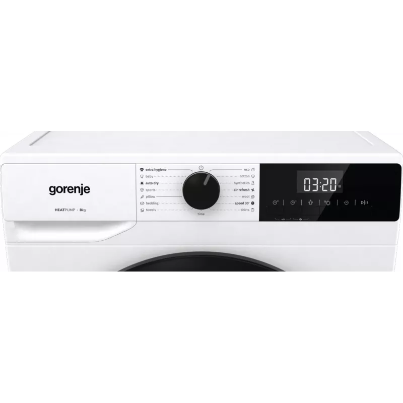 Gorenje Torktumlare DHNE82 BK040, Brīvi stāvoša, Ielādējama no priekšas, Siltumsūknis, Balta, Pogas, Rotējošs, Labais