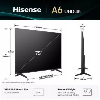 Hisense 75A6Q TV 190,5 cm (75 collas) 4K Ultra HD viedais televizors Wi-Fi melns