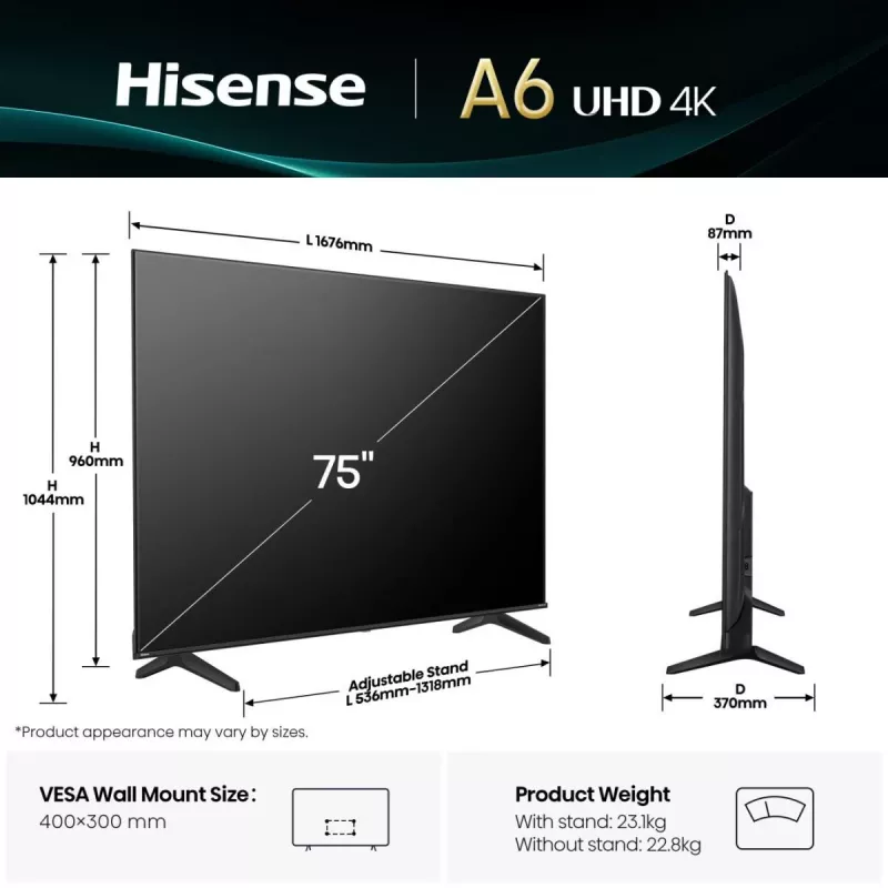 Hisense 75A6Q TV 190,5 cm (75 collas) 4K Ultra HD viedais televizors Wi-Fi melns