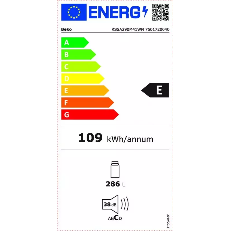 Brīvstāvošs ledusskapis BEKO RSSA290M41WN — 286 L ietilpība, E enerģijas klase, 38 dB, balts