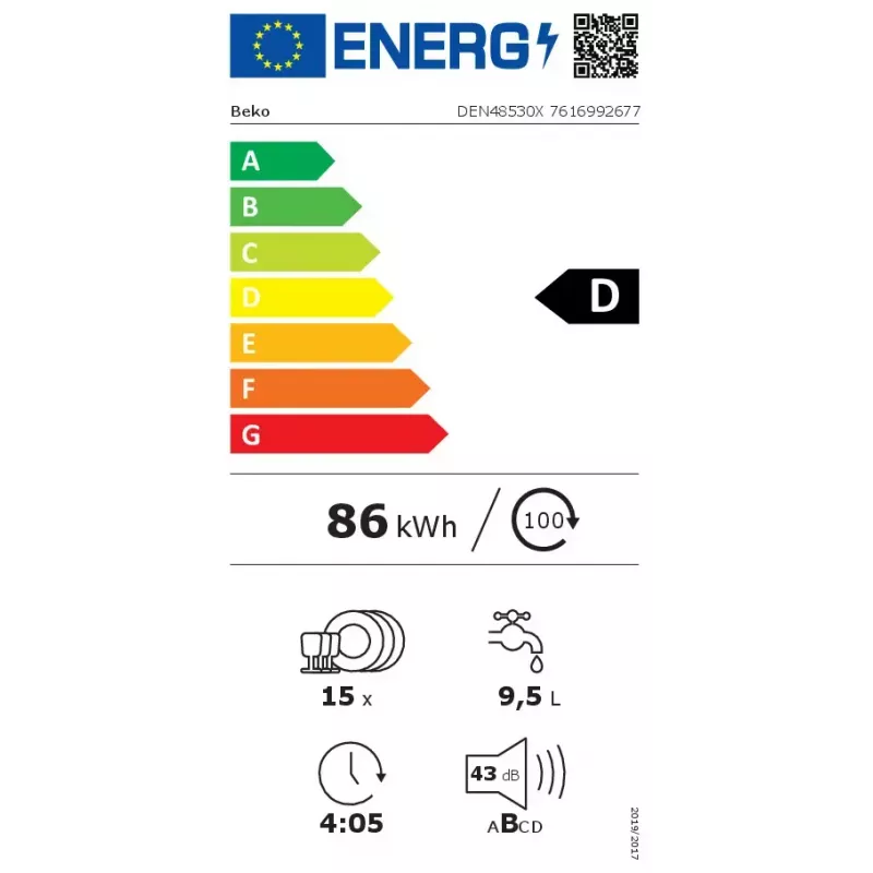 Brīvi stāvoša trauku mazgājamā mašīna BEKO DEN48530X, 15 trauku komplekti, 8 programmas, 44 dB, 598×850×600 mm