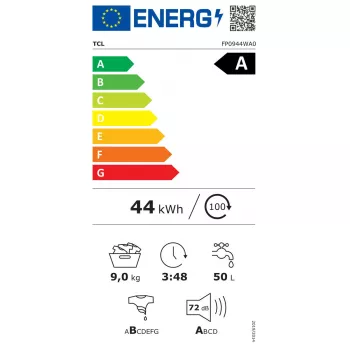 Veļas mazgājamā mašīna TCL FP0944WA0 — priekšējā ielāde, 9 kg, 1400 apgr./min, A klase, LED displejs, tvaiks, 60×56×85 cm, balta