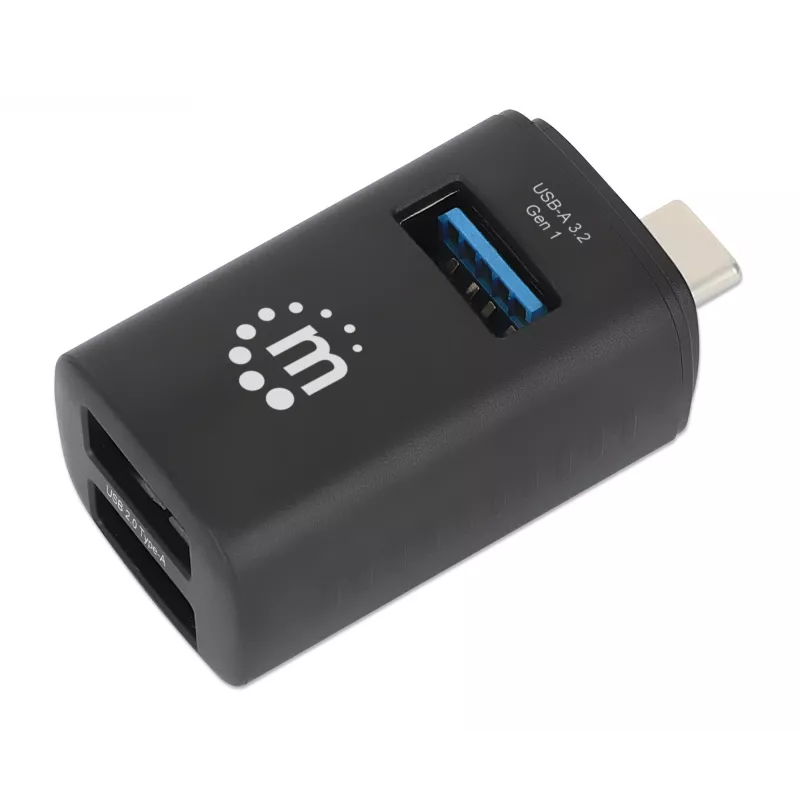 Manhattan USB-C 3 portu centrmezgls, ĪPAŠI KOMPAKTS, 3x USB-A porti (1x 5 Gbps USB 3.2 Gen1 t.i. USB 3.0, 3 x 480 Mbps USB 2.0), USB barošana (nav nepieciešams ārējs barošanas avots)