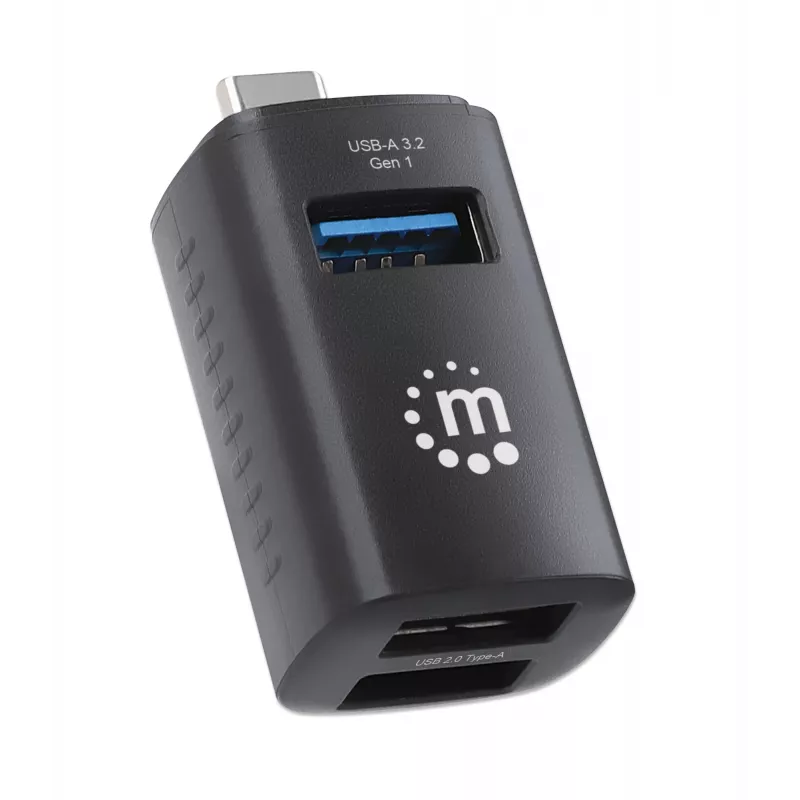 Manhattan USB-C 3 portu centrmezgls, ĪPAŠI KOMPAKTS, 3x USB-A porti (1x 5 Gbps USB 3.2 Gen1 t.i. USB 3.0, 3 x 480 Mbps USB 2.0), USB barošana (nav nepieciešams ārējs barošanas avots)