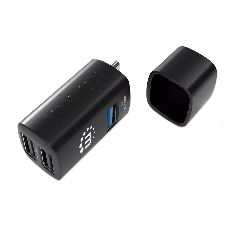 Manhattan USB-C 3 portu centrmezgls, ĪPAŠI KOMPAKTS, 3x USB-A porti (1x 5 Gbps USB 3.2 Gen1 t.i. USB 3.0, 3 x 480 Mbps USB 2.0), USB barošana (nav nepieciešams ārējs barošanas avots)
