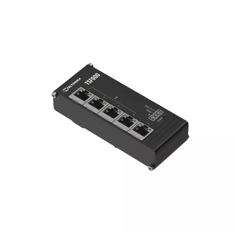 Nepārvaldīts Fast Ethernet PoE galddatora komutators Teltonika TSF000 — 5× 10/100 RJ-45, IEEE 802.3af/at, DC 7–57V, melns