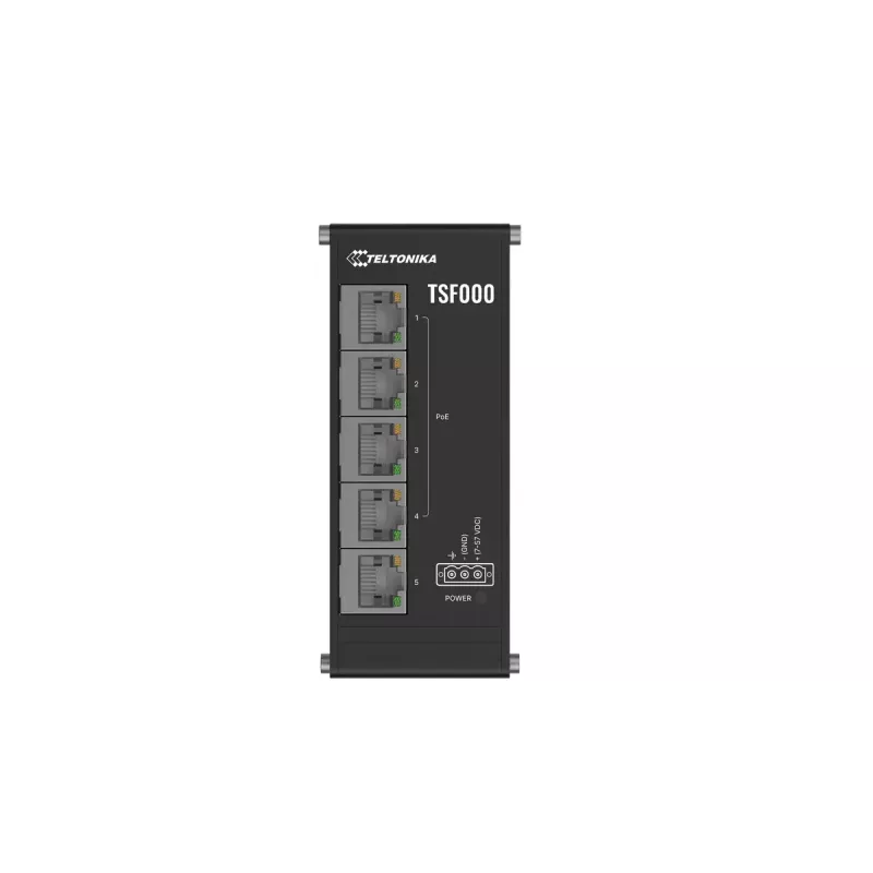Nepārvaldīts Fast Ethernet PoE galddatora komutators Teltonika TSF000 — 5× 10/100 RJ-45, IEEE 802.3af/at, DC 7–57V, melns