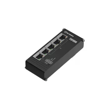 Nepārvaldīts Fast Ethernet PoE galddatora komutators Teltonika TSF000 — 5× 10/100 RJ-45, IEEE 802.3af/at, DC 7–57V, melns