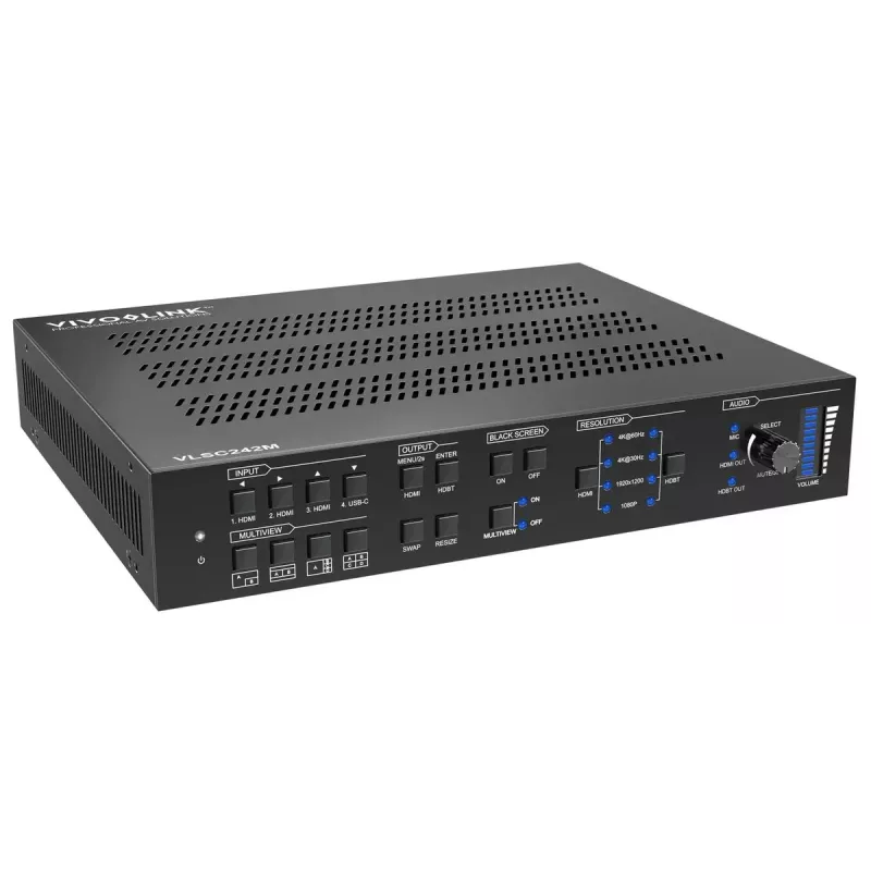 Vivolink video skalers VLSC242M, metāla korpuss, HDCP 1.4/2.2, maiņstrāva 110–230 V, 250×200×44 mm
