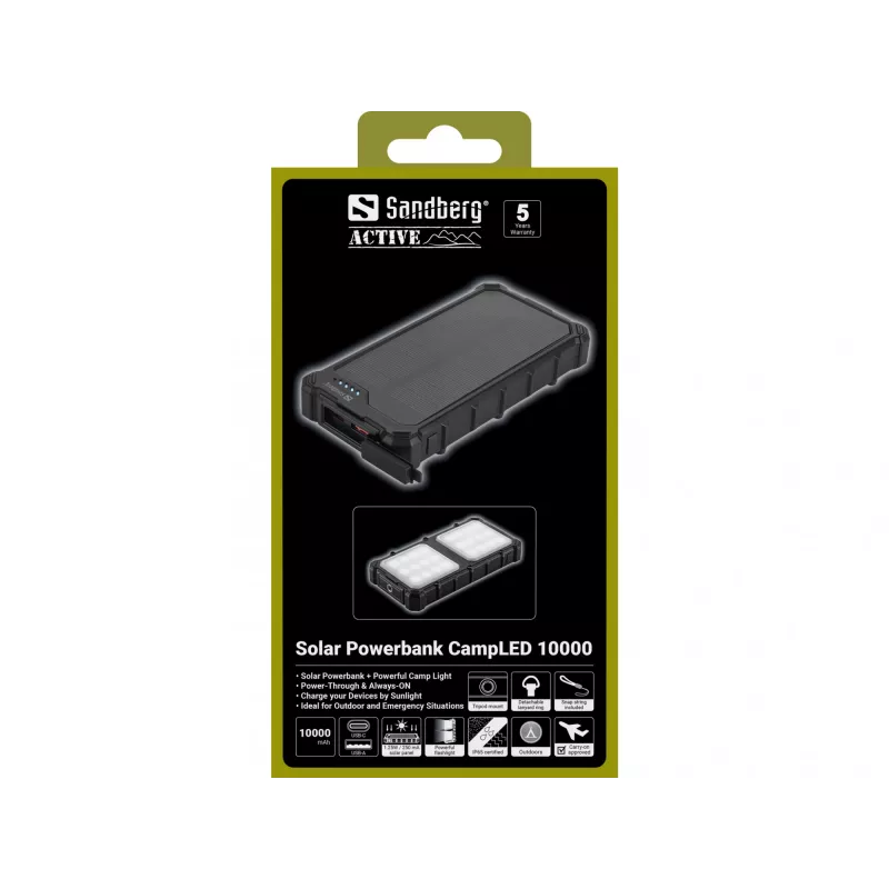 Sandberg Solar Powerbank CampLED 10000, 10000 mAh, Programmējams barošanas avots (PPS), 3.7 V, 15 W, melns