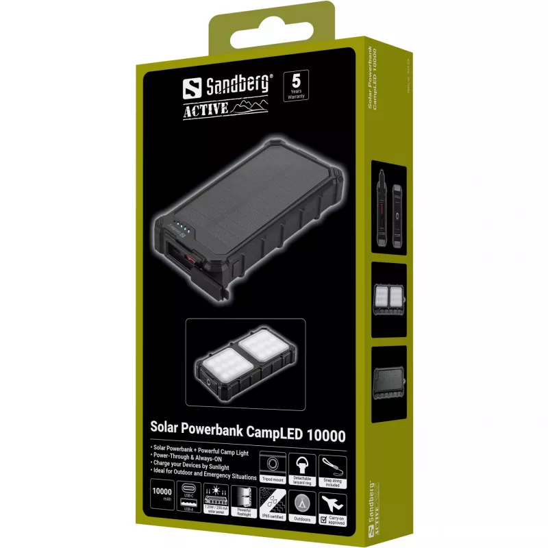 Sandberg Solar Powerbank CampLED 10000, 10000 mAh, Programmējams barošanas avots (PPS), 3.7 V, 15 W, melns