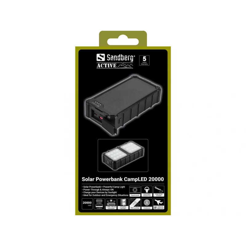 Sandberg Solar Powerbank CampLED 20000, 20000 mAh, Programmējams barošanas avots (PPS), 3.7 V, 15 W, Melna