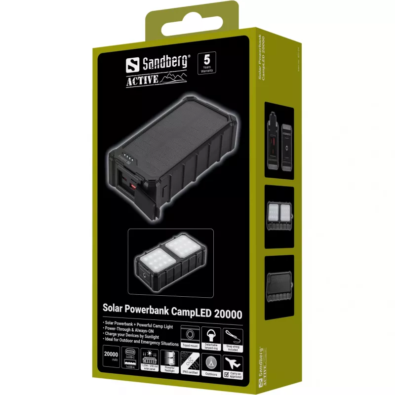 Sandberg Solar Powerbank CampLED 20000, 20000 mAh, Programmējams barošanas avots (PPS), 3.7 V, 15 W, Melna