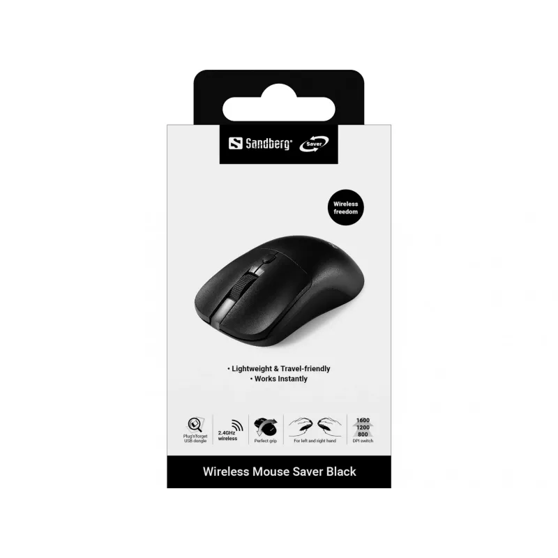 Sandberg Wireless pele Saver Melns, piemērota abām rokām, RF bezvadu, 1600 DPI, melna