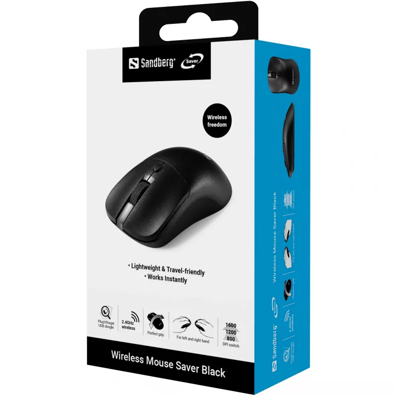 Sandberg Wireless pele Saver Melns, piemērota abām rokām, RF bezvadu, 1600 DPI, melna