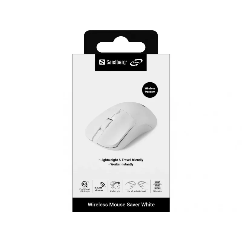 Sandberg Wireless pele Saver balta, piemērota abām rokām, RF bezvadu, 1600 DPI, balta