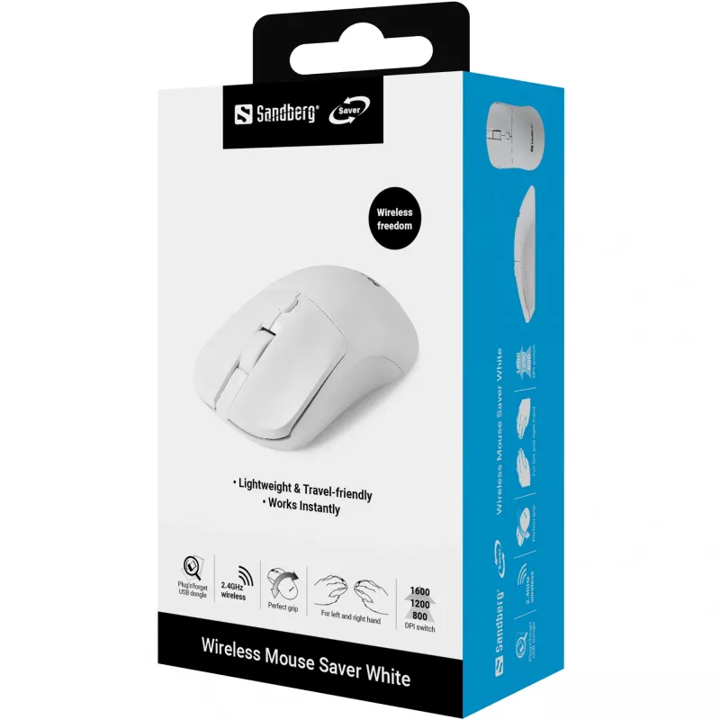 Sandberg Wireless pele Saver balta, piemērota abām rokām, RF bezvadu, 1600 DPI, balta
