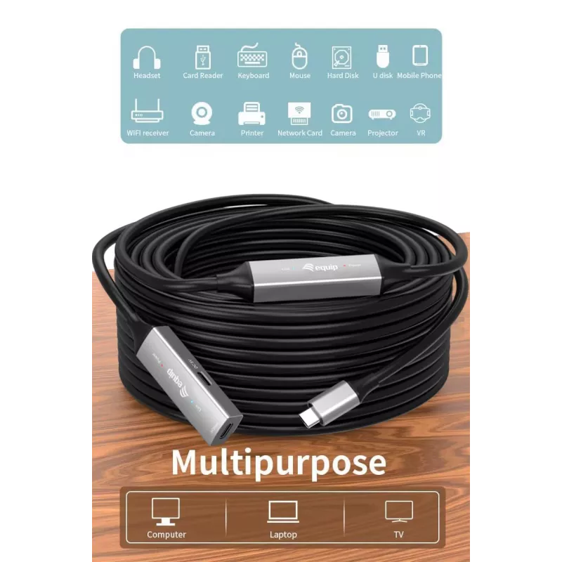 USB-C aktīvais pagarinātāja kabelis EQUIP 15 m, USB 3.2 Gen 1 (5 Gbps), niķelēti kontakti, melns