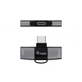 Adapter USB-C OTG 2-in-1 EQUIP 133479 — 100W PD, 10Gbps, 1x USB-C uz 2x USB-C, pelēks