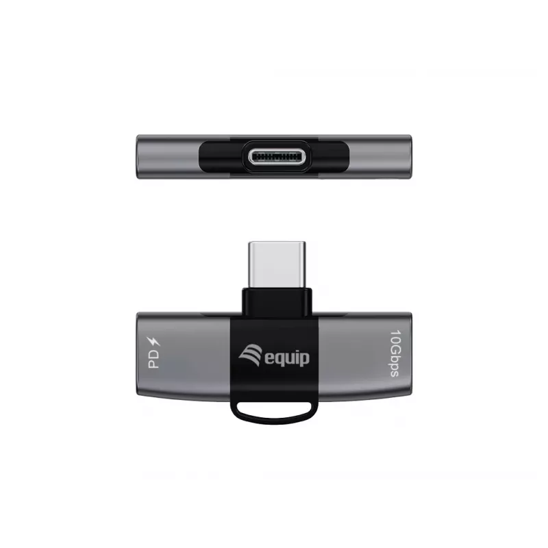 Adapter USB-C OTG 2-in-1 EQUIP 133479 — 100W PD, 10Gbps, 1x USB-C uz 2x USB-C, pelēks