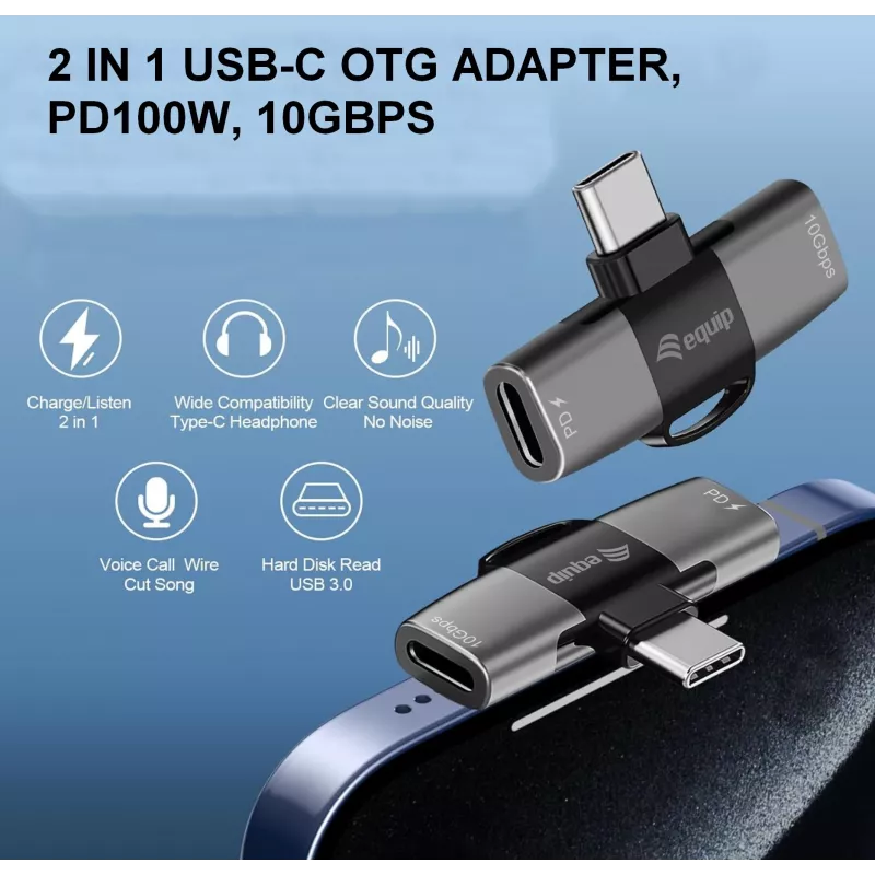 Adapter USB-C OTG 2-in-1 EQUIP 133479 — 100W PD, 10Gbps, 1x USB-C uz 2x USB-C, pelēks