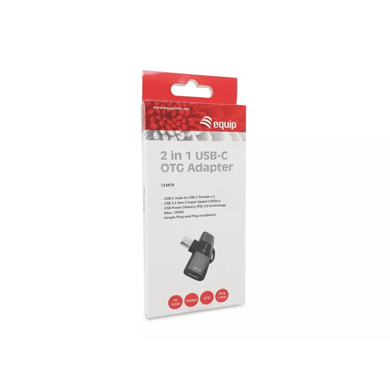 Adapter USB-C OTG 2-in-1 EQUIP 133479 — 100W PD, 10Gbps, 1x USB-C uz 2x USB-C, pelēks