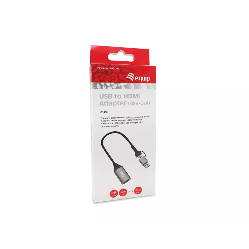 USB–HDMI adapteris EQUIP 133498 (USB-C un USB-A vīrišķais uz HDMI, 1080p, alumīnija korpuss, pelēks)