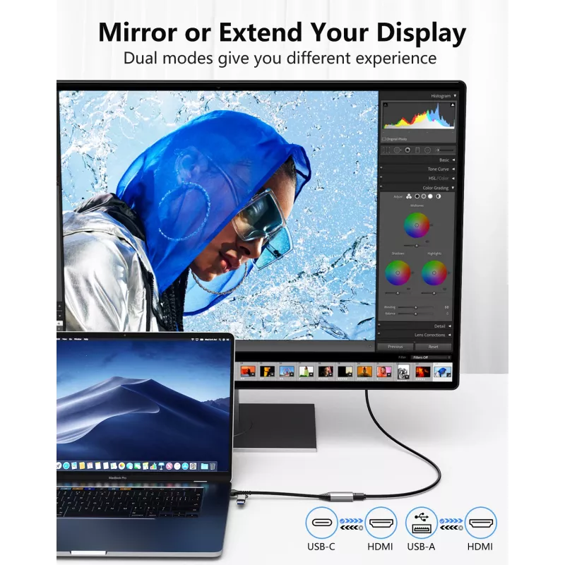 USB–HDMI adapteris EQUIP 133498 (USB-C un USB-A vīrišķais uz HDMI, 1080p, alumīnija korpuss, pelēks)