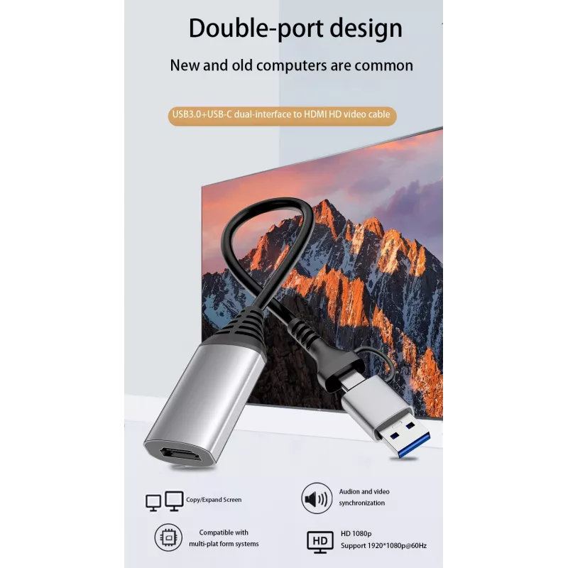 USB–HDMI adapteris EQUIP 133498 (USB-C un USB-A vīrišķais uz HDMI, 1080p, alumīnija korpuss, pelēks)