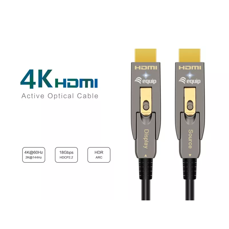 EQUIP HDMI 2.0 aktīvais optiskais kabelis 10m, noņemams Type-A/Type-D, 4K/60Hz, 18 Gbit/s, zeltīti kontakti