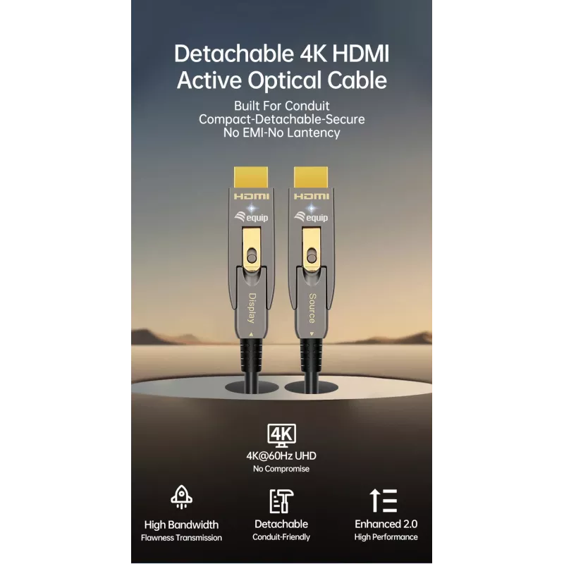 EQUIP HDMI 2.0 aktīvais optiskais kabelis 10m, noņemams Type-A/Type-D, 4K/60Hz, 18 Gbit/s, zeltīti kontakti
