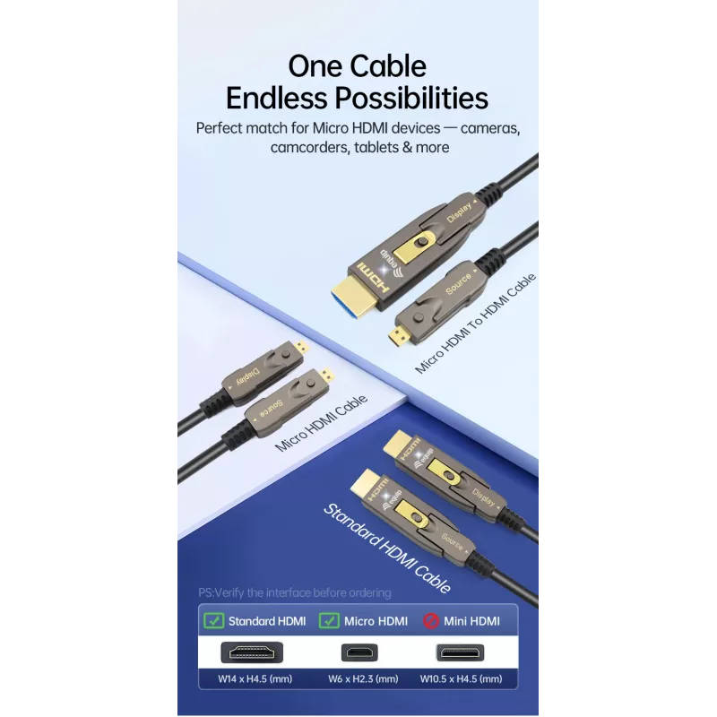 EQUIP HDMI 2.1 Active Optical kabelis 10 m — Detachable Type-D (Micro) + Type-A, 48 Gbit/s, 8K/60Hz
