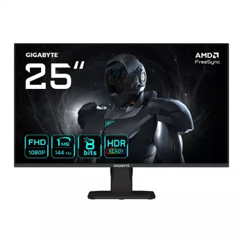25 collu FHD spēļu monitors GIGABYTE GS25F14 — 1920×1080, 144Hz, 1ms, 300 cd/m², DisplayHDR10, HDMI 2.0, DisplayPort 1.2, VESA