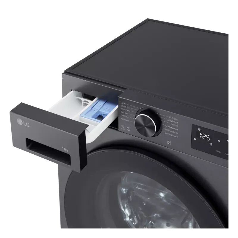 LG F4X5011TBB, A, priekšējā ielāde, mazgāšanas ietilpība 11 kg, dziļums 56,5 cm, 1400 RPM, melna veļas mašīna ar priekšējo ielādi 1351 RPM