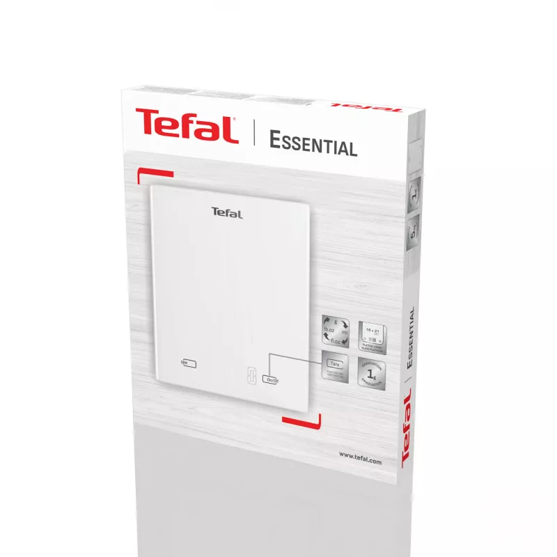 Elektroniskie virtuves svari Tefal Essential BC5504V0 — 5 kg ietilpība, 1 g precizitāte, LCD displejs, balta krāsa
