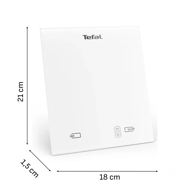 Elektroniskie virtuves svari Tefal Essential BC5504V0 — 5 kg ietilpība, 1 g precizitāte, LCD displejs, balta krāsa
