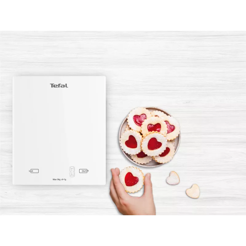 Elektroniskie virtuves svari Tefal Essential BC5504V0 — 5 kg ietilpība, 1 g precizitāte, LCD displejs, balta krāsa