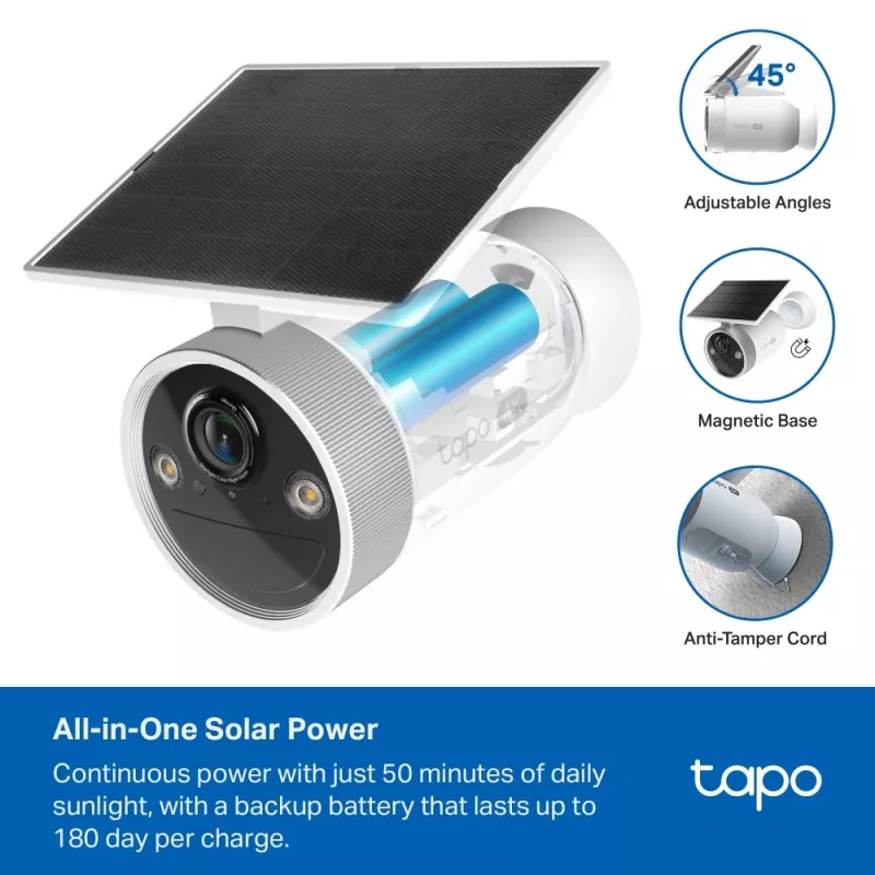 TP-Link Tapo Enhanced AI Solar Security Camera Ultra, bezvadu, lodes tipa, Wi-Fi, ārējā, 850 nm, 512 GB