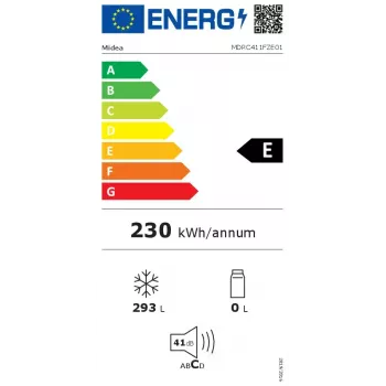 Saliekamā saldētava Midea MDRC411FZE01 — brīvstāvoša, 293 L ietilpība, E energoklase, 14 kg/24h sasaldēšana, balta