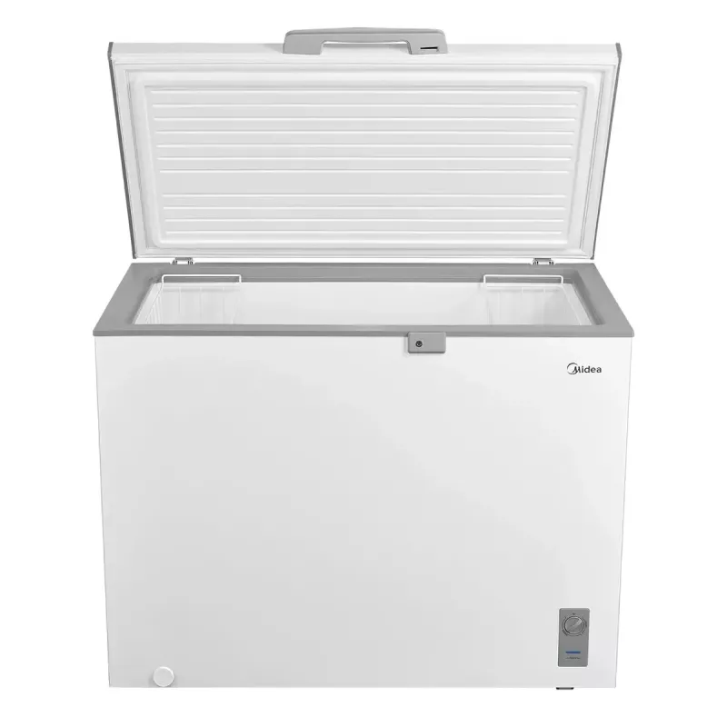Saliekamā saldētava Midea MDRC411FZE01 — brīvstāvoša, 293 L ietilpība, E energoklase, 14 kg/24h sasaldēšana, balta