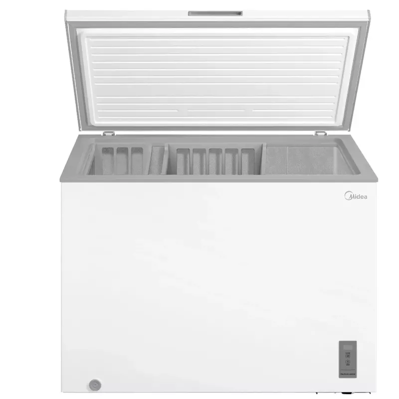 Saliekamā saldētava Midea MDRC411FZE01 — brīvstāvoša, 293 L ietilpība, E energoklase, 14 kg/24h sasaldēšana, balta