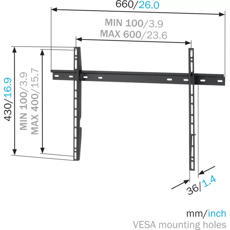 Vogel's sienas stiprinājums MNT 300 plakanajiem ekrāniem līdz 2,03 m (80 collām), 100 kg kravnesība, VESA 100x100–600x400, melns
