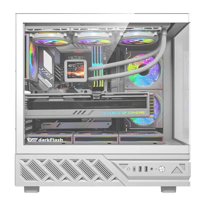 Datorkorpuss DarkFlash DS950V ar iebūvētu displeju, balts, komplektā 6 ventilatori